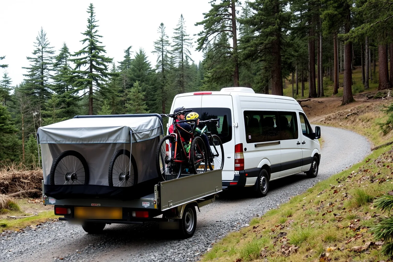 Bikes loaded on the uplift trailer at the top of the forest road